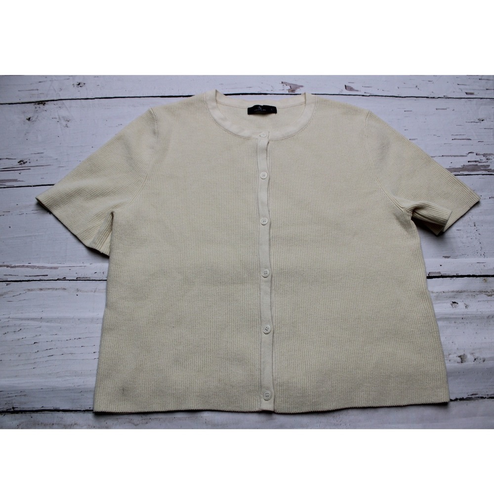 Lillusory Ribbed Short Sleeve Button Cardigan Cream Size L Minimalist